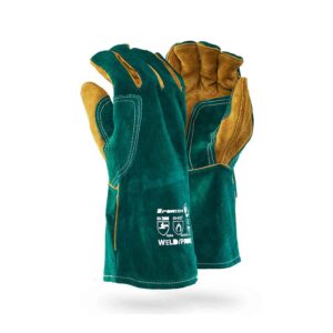 Weld prime Gloves DROMEX GREEN WELDERS, finger palm & thumb yoke, aramid thread Dromex