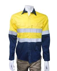 100% COTTON HI-VISIBILITY VENTILATED TWO TONE LONG SLEEVE SHIRTS - YELLOW / NAVY BLUE , DROMEX