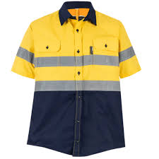 100% COTTON HI-VISIBILITY VENTILATED TWO TONE SHORT SLEEVE SHIRTS - YELLOW / NAVY BLUE, DROMEX