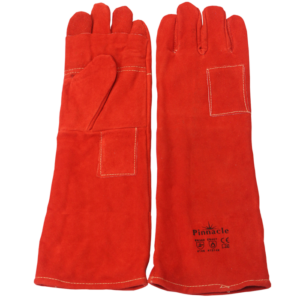 Red heat resistant apron glove, kevlar stitch,  shoulder length 16"